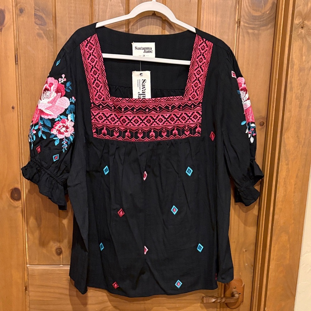 Savanna Jane Black Embroidered Square-Neck Blouse with Pink Floral Accents
